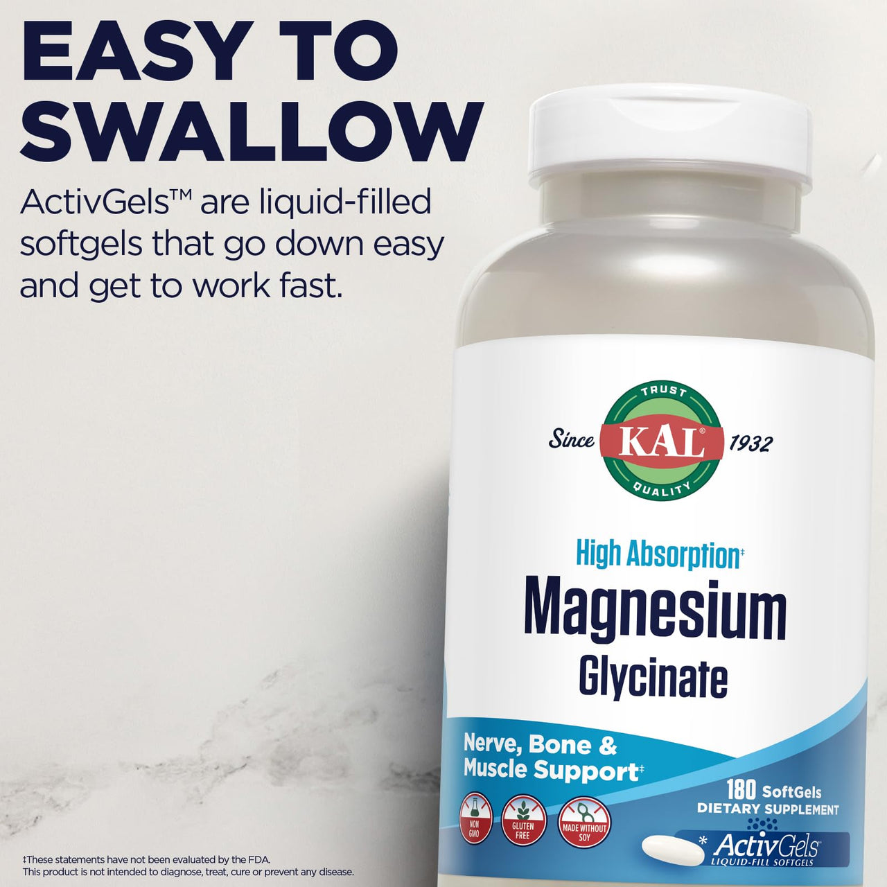 KAL Magnesium Glycinate ActivGels 315mg, Fully Chelated, High Absorption Magnesium Supplement for Relaxation, Muscle & Bone Support, Non-GMO, Gluten Free, 60 Servings, 180 Softgels