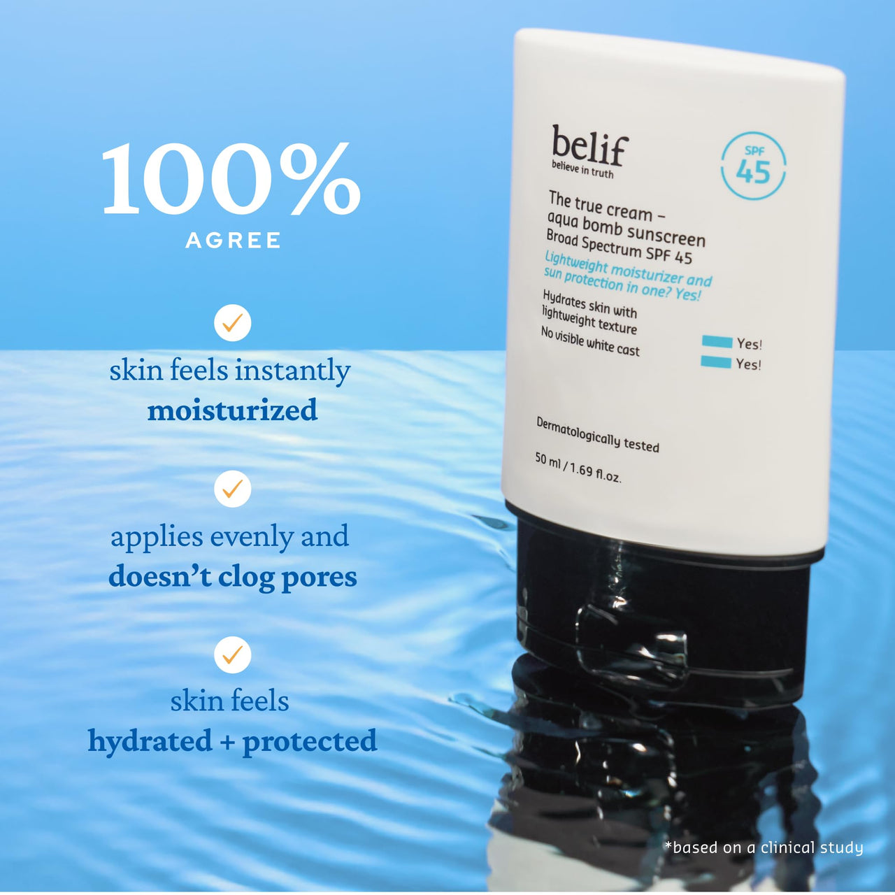 belif Aqua Bomb SPF 45 Hydrating Niacinamide Sunscreen (1.69 fl. oz) - The True Cream PA++++, Daily Broad Spectrum, No White Cast, Weightless & Invisible, Non-Greasy, Korean Skincare