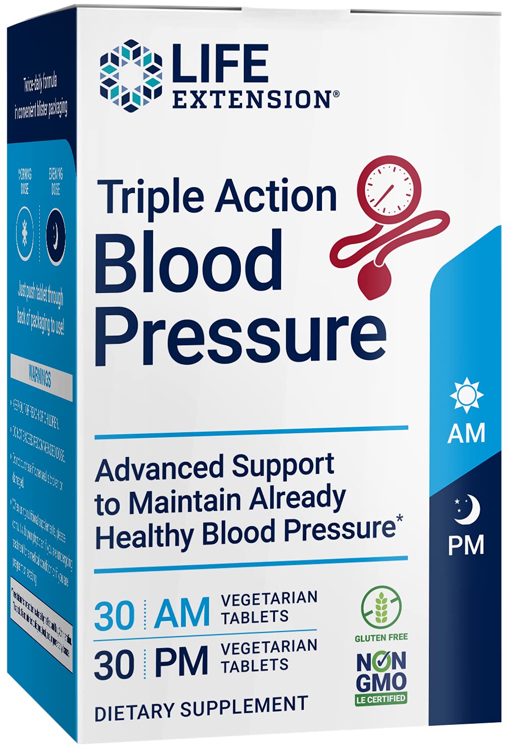 Life Extension Triple Action Blood Pressure, Heart Health Supplement, quercetin, stevia Extract, melatonin, Morning and Night Support, Gluten-Free, Non-GMO, Vegetarian, 60 Tablets