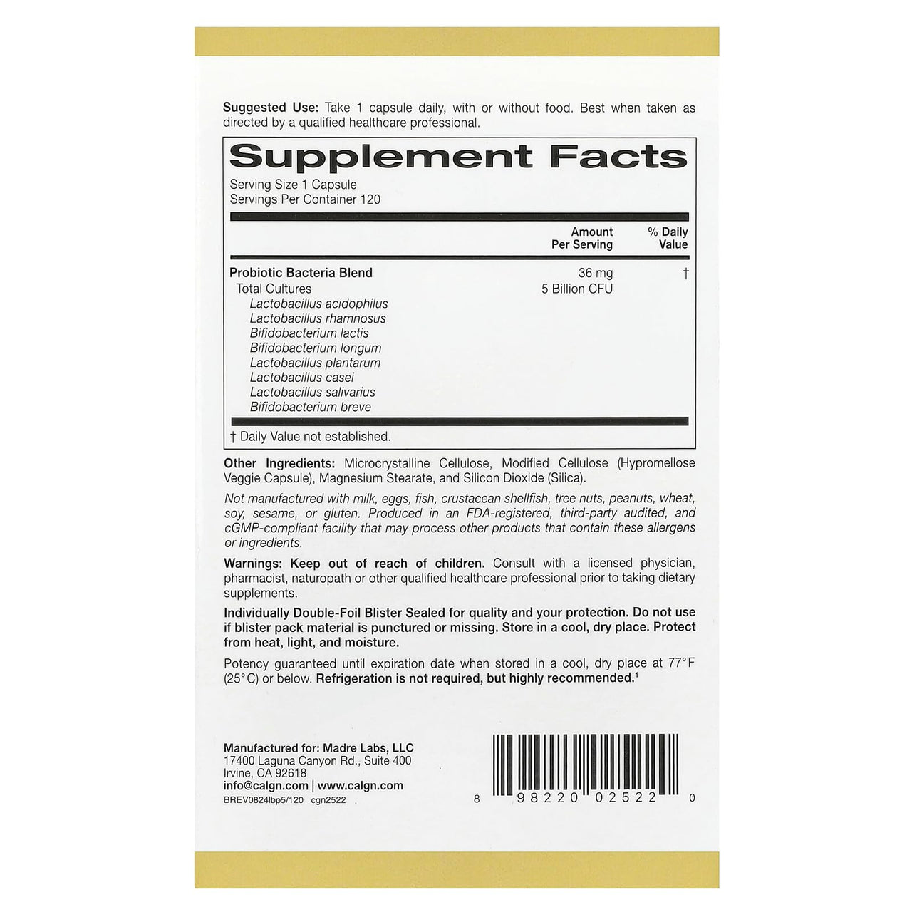California Gold Nutrition LactoBif® 5 Probiotics, 5 Billion CFU, 120 Veggie Capsules