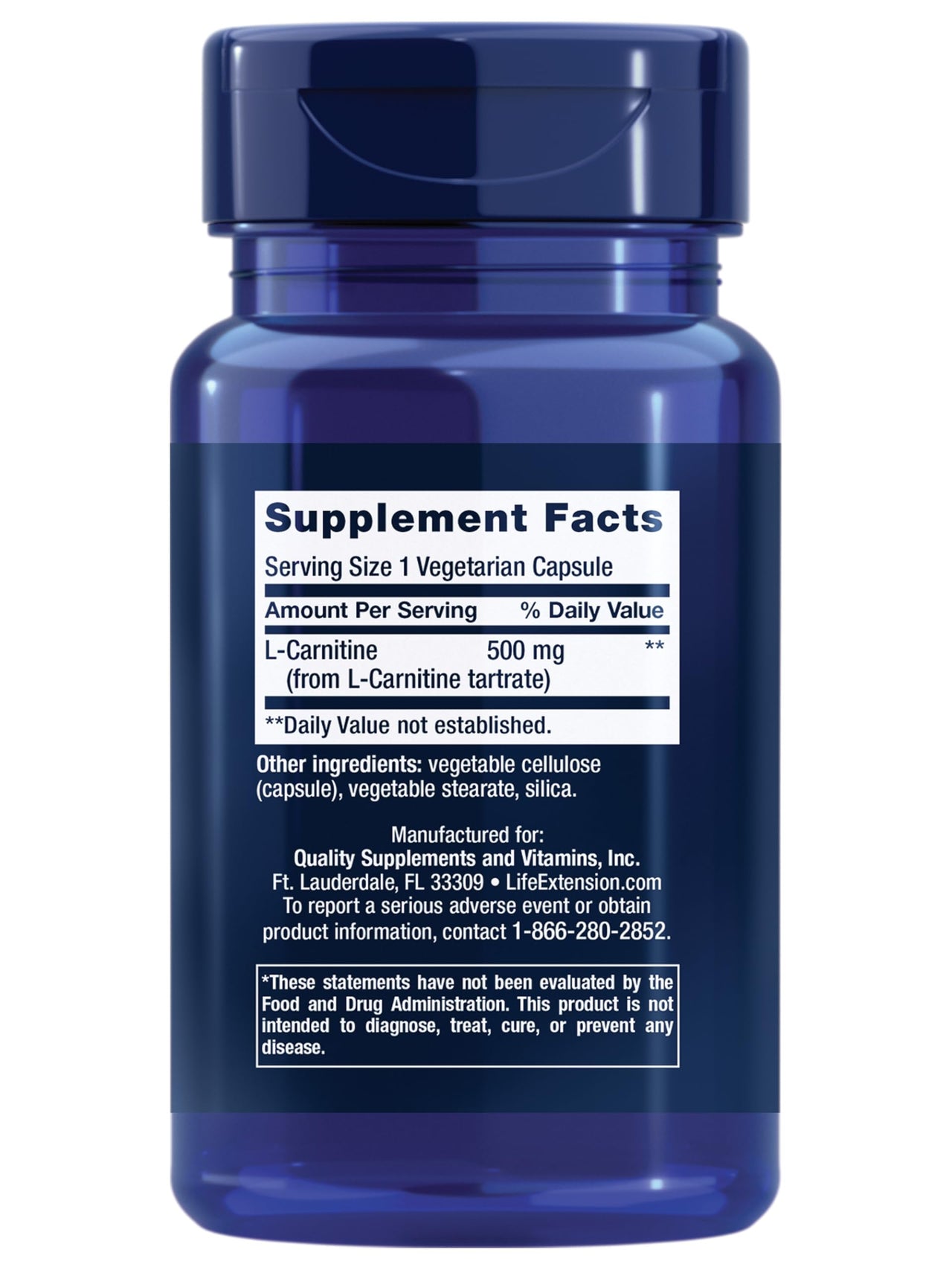 Life Extension L-Carnitine – 500 mg, Energy Supplement, Memory Supplement – Free Form Amino Acid, Nitric Oxide Support, Healthy Blood Pressure – Gluten-Free, Non-GMO, Vegetarian – 30 Capsules