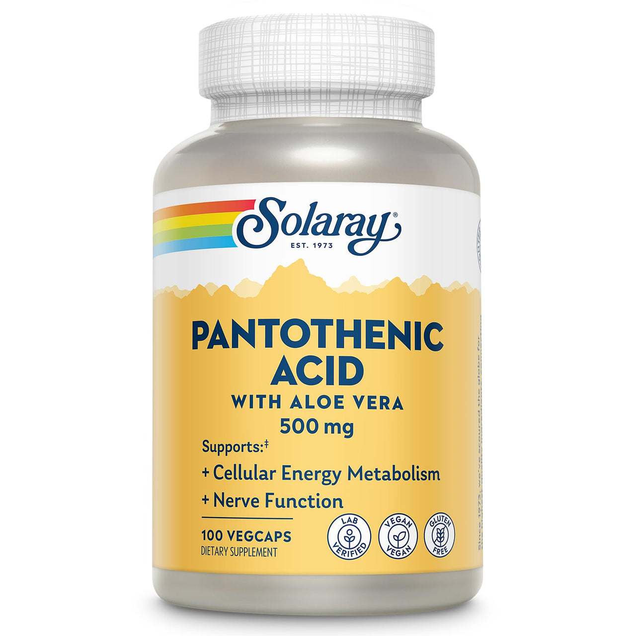 SOLARAY Pantothenic Acid 500mg - Pantothenic Acid Supplement (Vitamin B5) - Essential B Complex Vitamin - Nervous System and Cellular Energy Support - Vegan, Gluten Free, 60-Day Guaratee, 100 Servings