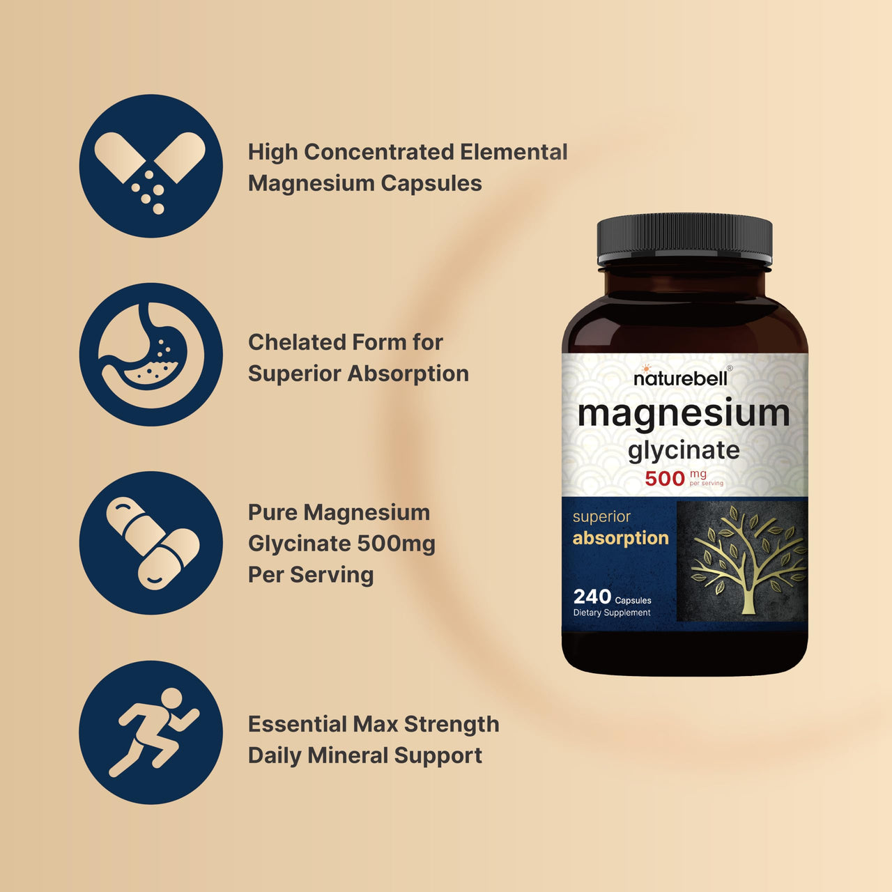 Magnesium Glycinate Capsules 500mg | 240 Count | Supplement for Sleep, Heart & Muscle Support | 100% Chelated & Purified, 3rd Party Tested, Non-GMO & Gluten Free