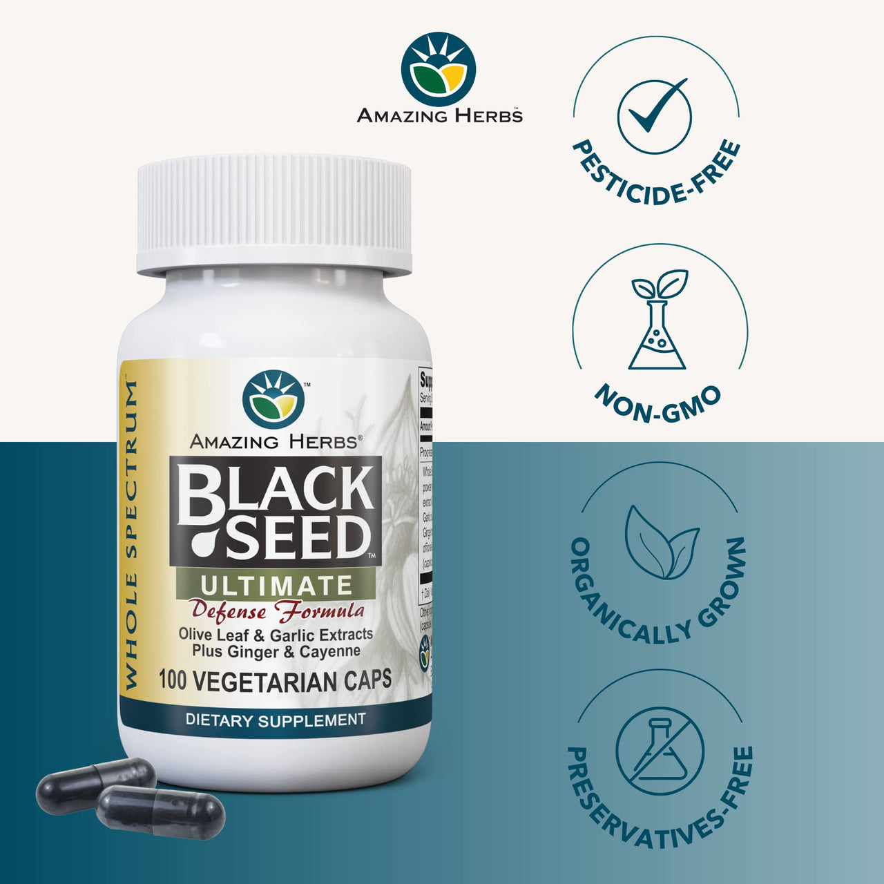 Amazing Herbs Whole Spectrum Black Seed Ultimate, Vegetarian Capsules - Olive Leaf & Garlic Extracts Plus Ginger & Cayenne, Gluten Free, Non GMO, Vegan - 100 Count