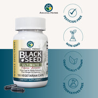 Thumbnail for Amazing Herbs Whole Spectrum Black Seed Ultimate, Vegetarian Capsules - Olive Leaf & Garlic Extracts Plus Ginger & Cayenne, Gluten Free, Non GMO, Vegan - 100 Count