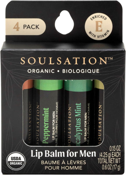 Soulsation Organic Lip Balm Set for Men - 4 Flavors - 100% Natural Moisturizing for Cracked & Dry Lips