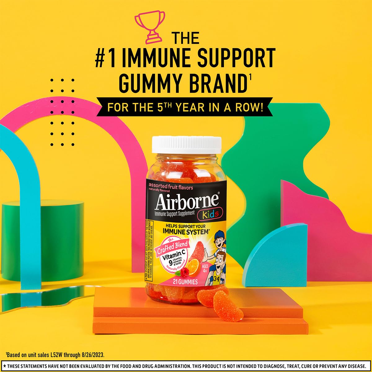 Airborne 500mg Vitamin C + Zinc Immune Support Supplement Gummies for Kids, Assorted Fruit Flavor, Gluten Free Crafted Blend with Powerful Antioxidants Vitamins C & E, 21 Gummies (4 Pack)