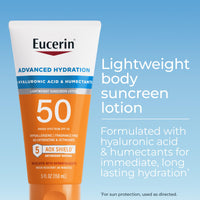 Thumbnail for Eucerin Sun Advanced Hydration SPF 50 Sunscreen Lotion, Lightweight Sunscreen with Hyaluronic Acid and Humectants, Hypoallergenic, Fragrance Free, No Oxybenzone or Octinoxate, 5 Fl Oz Tube