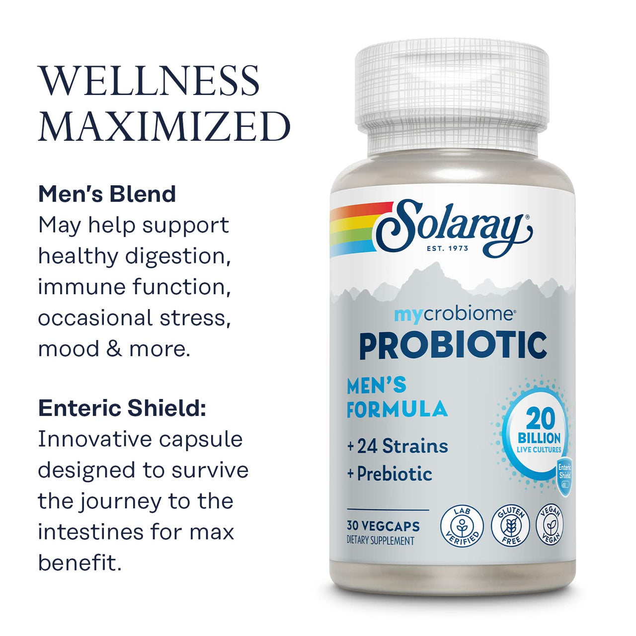 SOLARAY Mycrobiome Probiotic Mens Formula, Probiotics for Men, Gut Health, Digestion, Immune Function & More, 20 Billion CFU Mens Probiotic, 24 Strains Plus Prebiotic, 30 Servings, 30 VegCaps