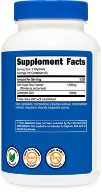 Thumbnail for Nutricost Red Yeast Rice with CoQ10 1300mg, 120 Capsules, 60 Servings - Non-GMO, Gluten Free