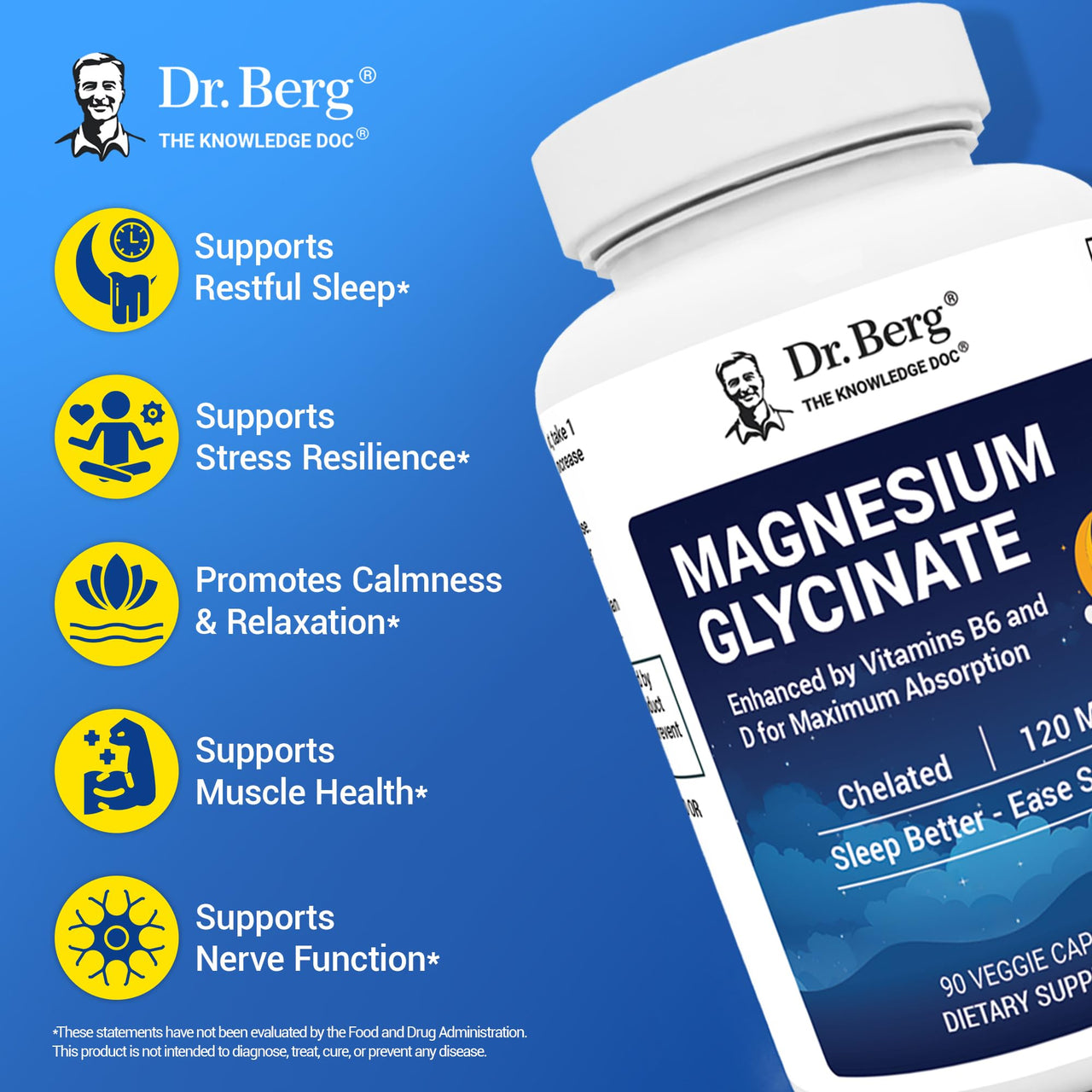 Dr. Berg Magnesium Glycinate with Vitamin D & B6 for Stress Relief, Calm, Relaxation, & Good Sleep* - 120 mg Magnesium Bisglycinate Capsules - High Absorption Chelated Glycinate - 90 Cap