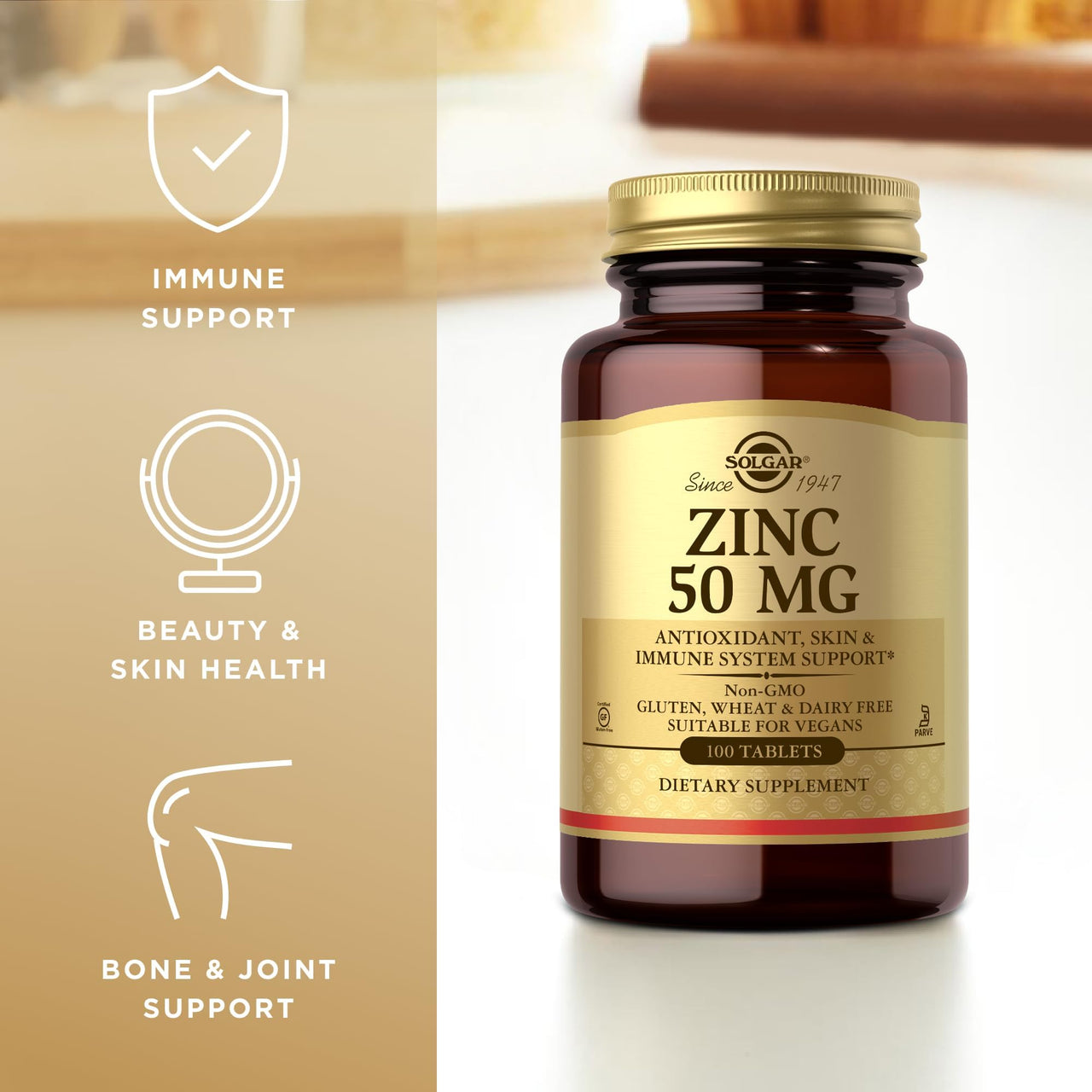 Solgar Zinc 50 mg, 100 Tablets - Zinc for Healthy Skin, Taste & Vision - Immune System & Antioxidant Support - Supports Cell Growth & DNA Formation - Non GMO, Vegan, Gluten Free - 100 Servings