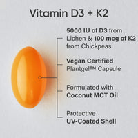 Thumbnail for Sports Research® Vitamin D3 + K2 w/ Coconut Oil - Vegan Vitamin D 5000iu & Mk7 Vitamin K 100mcg for Bone & Immune Support - Vegan Certified · Non-GMO · Soy Free - 60 Softgels