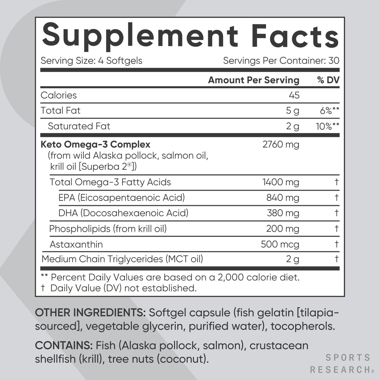 Sports Research Keto Omega Fish Oil with Wild Sockeye Salmon, Antarctic Krill Oil, Astaxanthin & Coconut MCT Oil - 1200mg of EPA & DHA per Serving | Keto Certified & Non-GMO Verified (120 Softgels)