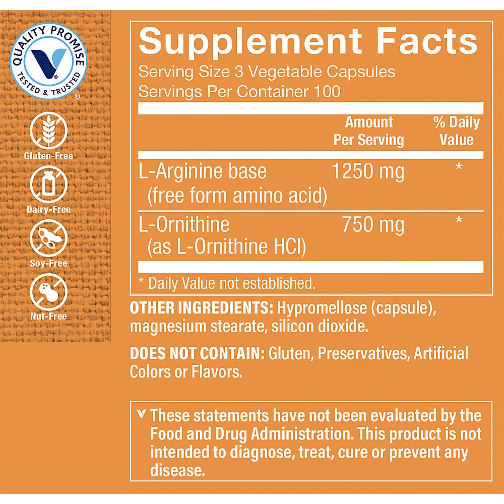 L-Arginine & Ornithine a" Supports Cardiovascular Health & Nitric Oxide Booster a" 2,000 MG (300 Vegetable Capsules)