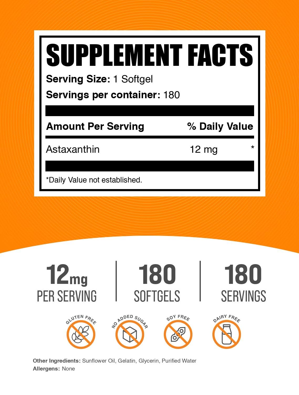 BulkSupplements.com Astaxanthin 12mg Softgels - Astaxanthin Supplements, Antioxidant Source - Gluten Free, 1 Softgel per Serving, 180 Count (Pack of 1)