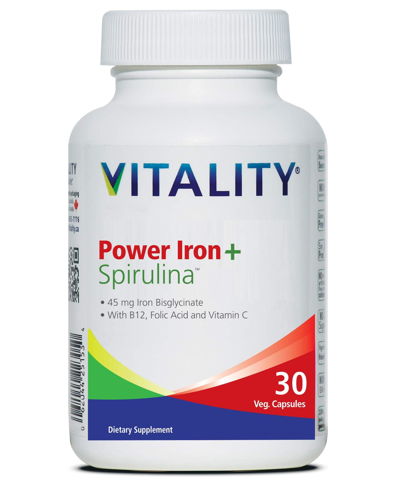 Vitality Power Iron + Spirulina | 45mg Iron | Blood Builder | Iron Deficiency Support | Vegan | All Natural Supplement | Gentle on Stomach | 30 Capsules