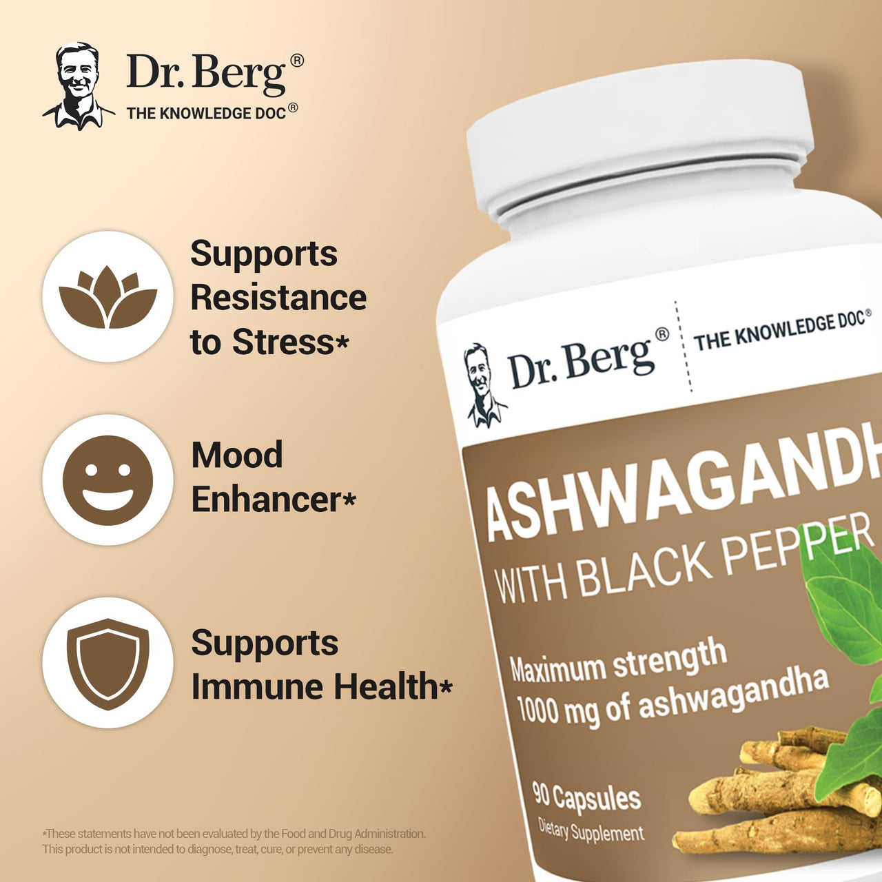Dr. Berg Ashwagandha Capsules 1000mg - Includes Ashwagandha Root with Black Pepper from Bioperine - Ashwagandha Supplements 90 Capsules