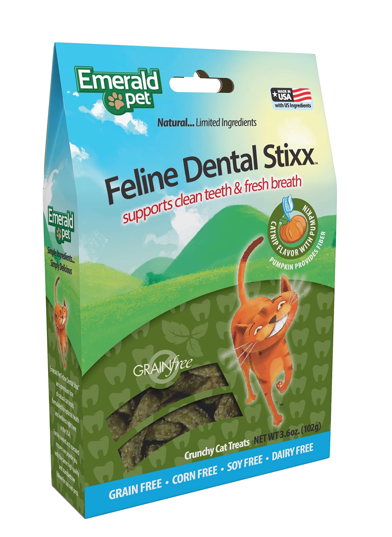 Emerald Pet Feline Dental Stixx — Tasty and Crunchy Cat Sticks with Pumpkin for Digestive Health — Natural Grain Free Treats for Clean Cat Teeth and Fresh Breath — Catnip, 3.6 oz