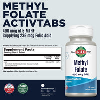 Thumbnail for KAL Methyl Folate 400 mcg DFE, 5-MTHF Active Form Vitamin B9, Folic Acid Supplement, Heart Health, Prenatal, Mood and Brain Support, Fast Dissolving ActivTab, 60-Day Guarantee, 90 Servings, 90 Tablets