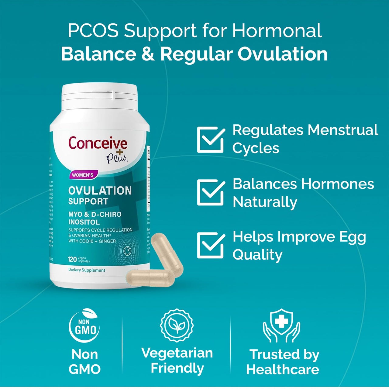 CONCEIVE PLUS Ovulation Support | Myo-Inositol & D-Chiro Inositol for Women Fertility | PCOS Supplements for Reproductive Health Hormone Balance for Women | COQ10, Folic Acid, Ginger | 30 Day Supply