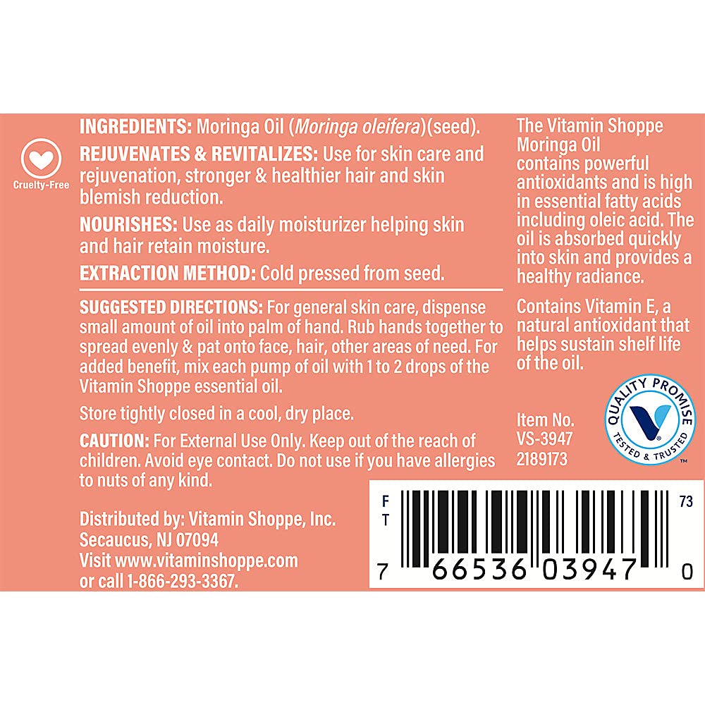 Moringa Skin Care Oil - Natural, Rejuvenating & Nourishing Beauty (1.7 Fluid Ounces) by the Vitamin Shoppe