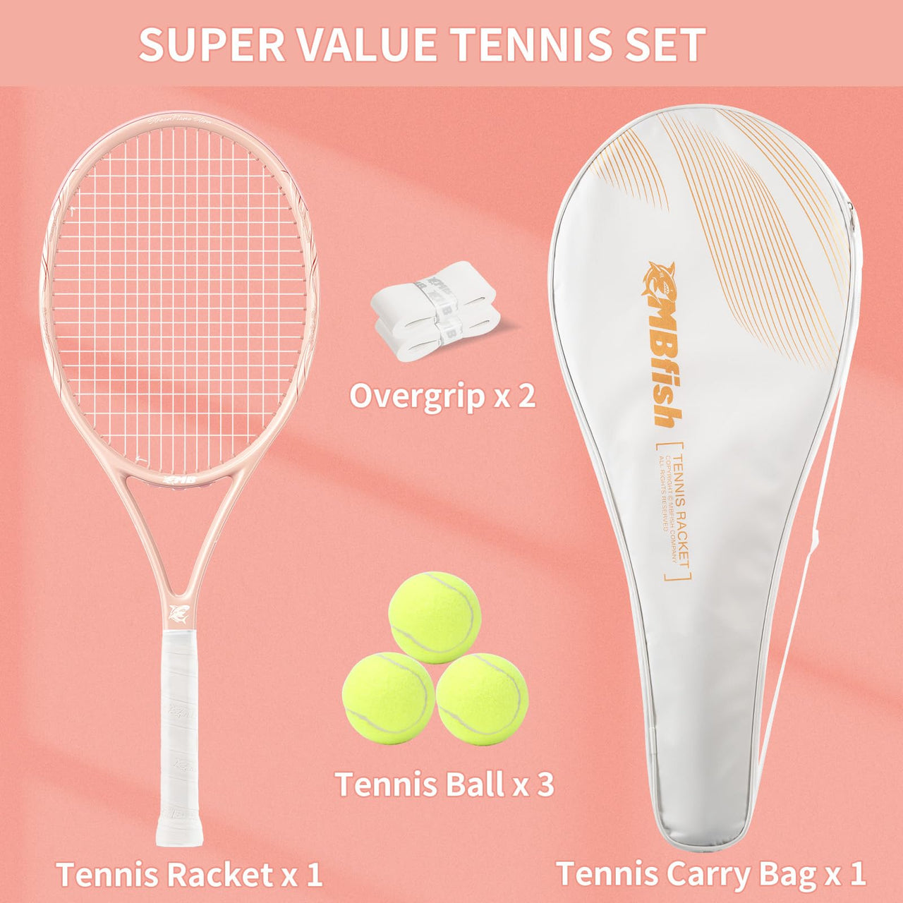 MBFISH Tennis Racket - Super Value Set with Pre-Strung, Comfortable Handle, 27'' Tennis Racquet for Adults, Includes 3 Tennis Balls, 2 Overgrips and 1 Tennis Bag Coral Pink