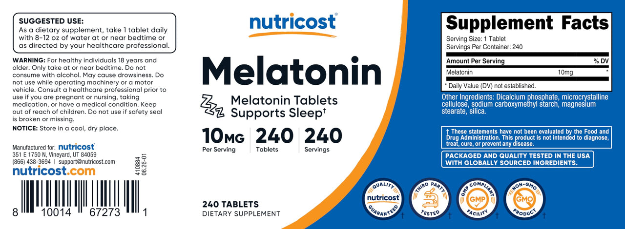 Nutricost Melatonin 10mg, 240 Tablets - 10mg Per Serving, Non-GMO, Gluten Free
