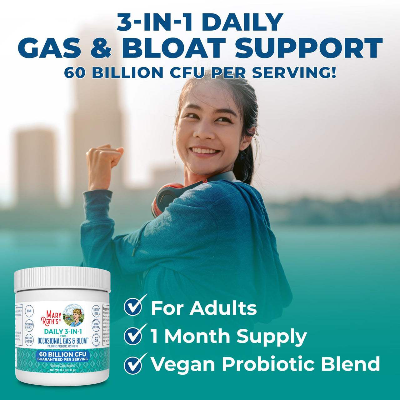 MARYRUTH'S 3-in-1 Gas & Bloat Probiotic Powder | Probiotics for Normal Digestive Function | Probiotics for Women & Men | Prebiotics & Postbiotics | 60 Billion CFU | 23 Unique Strains | 0.5 oz