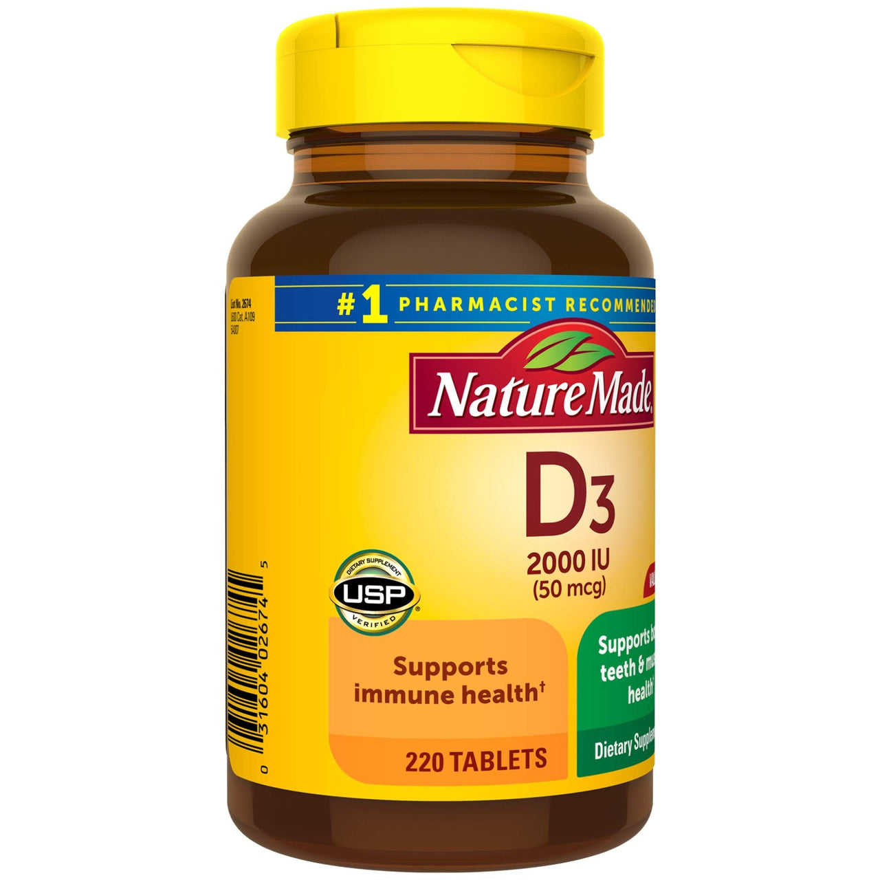 Vitamin D3, 220 Tablets, Vitamin D 2000 IU (50 mcg) Helps Support Immune Health, Strong Bones and Teeth, & Muscle Function, 250% of Daily Value for Vitamin D in One Daily Tablet