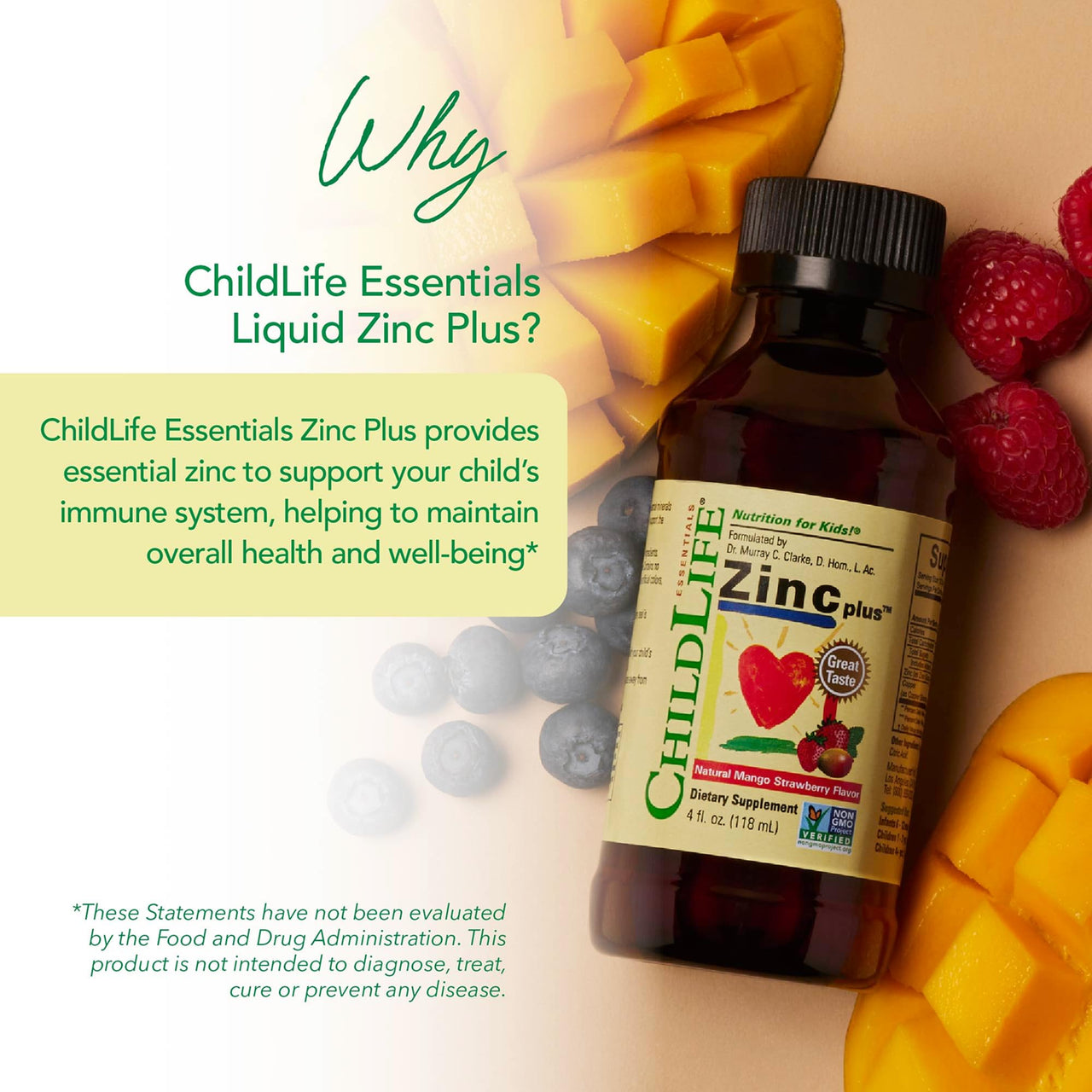 CHILDLIFE ESSENTIALS Liquid Zinc Plus for Kids & Toddler - Liquid Supplement Drops, Zinc Gluconate & Copper for Immune Support - Mango Strawberry, 4 Fl Oz (Pack of 1)