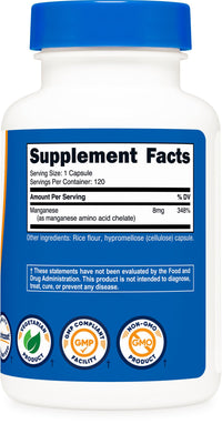 Thumbnail for Nutricost Chelated Manganese Supplement 8mg, Amino Acid Chelate, 120 Capsules, 120 Servings - Gluten Free, Non-GMO and Vegetarian Friendly