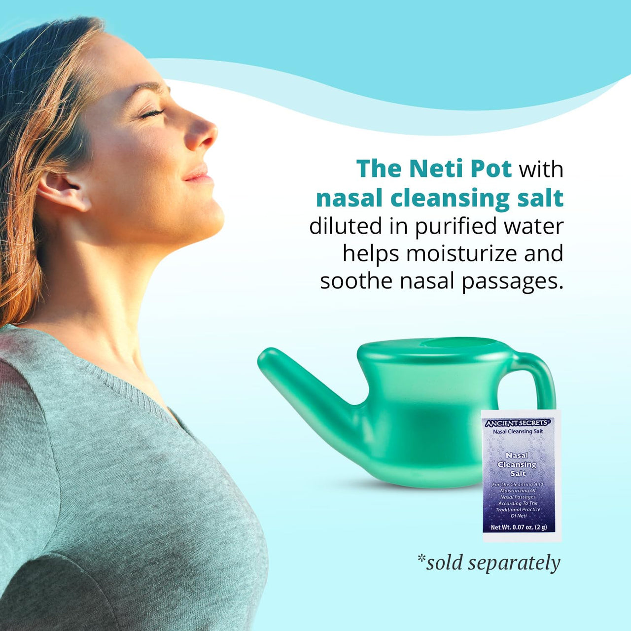 Ancient Secrets Neti Pot Sinus Rinse - Nasal Cleansing Pot, Plastic Travel Model, Nasal Irrigation, BPA-Free Neti Potâ€¯+ 6 Pre-Measured Packs of Nasal Cleansing Salt