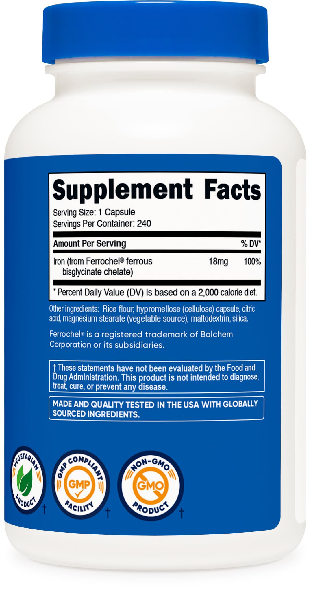 Nutricost Chelated Iron (from Ferrochel) 18mg, 240 Capsules - Gluten Free, Non GMO Iron Chelate Supplement