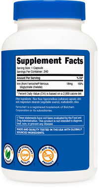 Thumbnail for Nutricost Chelated Iron (from Ferrochel) 18mg, 240 Capsules - Gluten Free, Non GMO Iron Chelate Supplement
