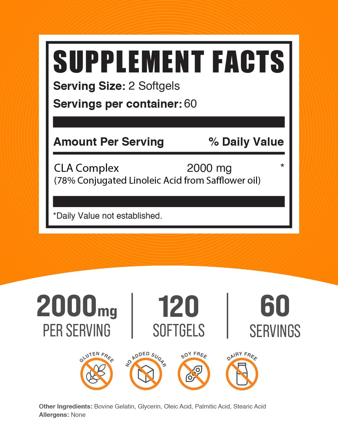 BulkSupplements.com CLA Softgels - Conjugated Linoleic Acid, CLA Supplements - Gluten Free, 2 Softgels per Serving (2000mg), 120 Count (Pack of 1)