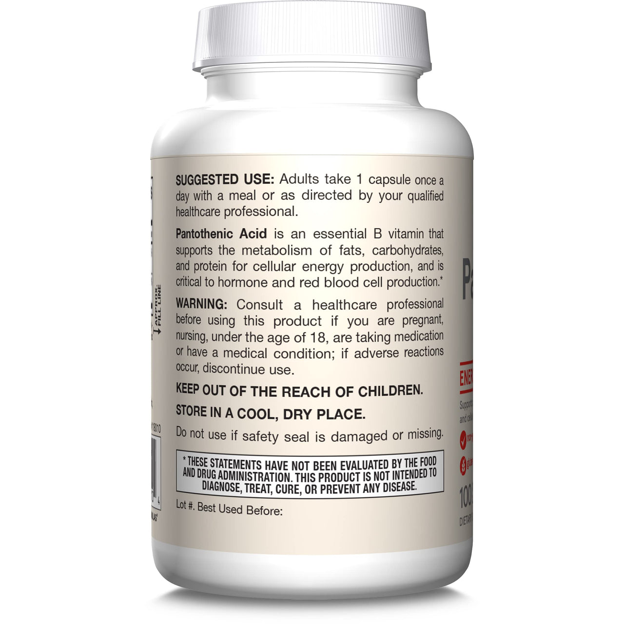 Jarrow Formulas Pantothenic Acid B5 500 mg, Dietary Supplement, Vitamin B5 for Adrenal Hormone Support and Cellular Energy Metabolism, 100 Veggie Capsules, 100 Day Supply