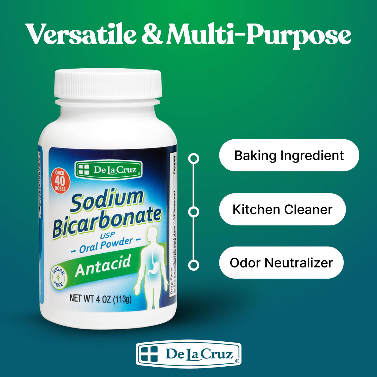 De La Cruz Pure Sodium Bicarbonate - USP Grade Bicarbonate of Soda – 100% Pure Baking Soda – Aluminum Free Antacid Powder for Heartburn & Indigestion - Packed in USA, 4 OZ.
