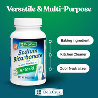 Thumbnail for De La Cruz Pure Sodium Bicarbonate - USP Grade Bicarbonate of Soda – 100% Pure Baking Soda – Aluminum Free Antacid Powder for Heartburn & Indigestion - Packed in USA, 4 OZ.