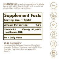 Thumbnail for Solgar Vitamin B1 (Thiamin) - 100 Tablets - Super Potency, 500mg Formula - Non-GMO, Vegan, Gluten Free, Kosher, Halal - 100 Servings