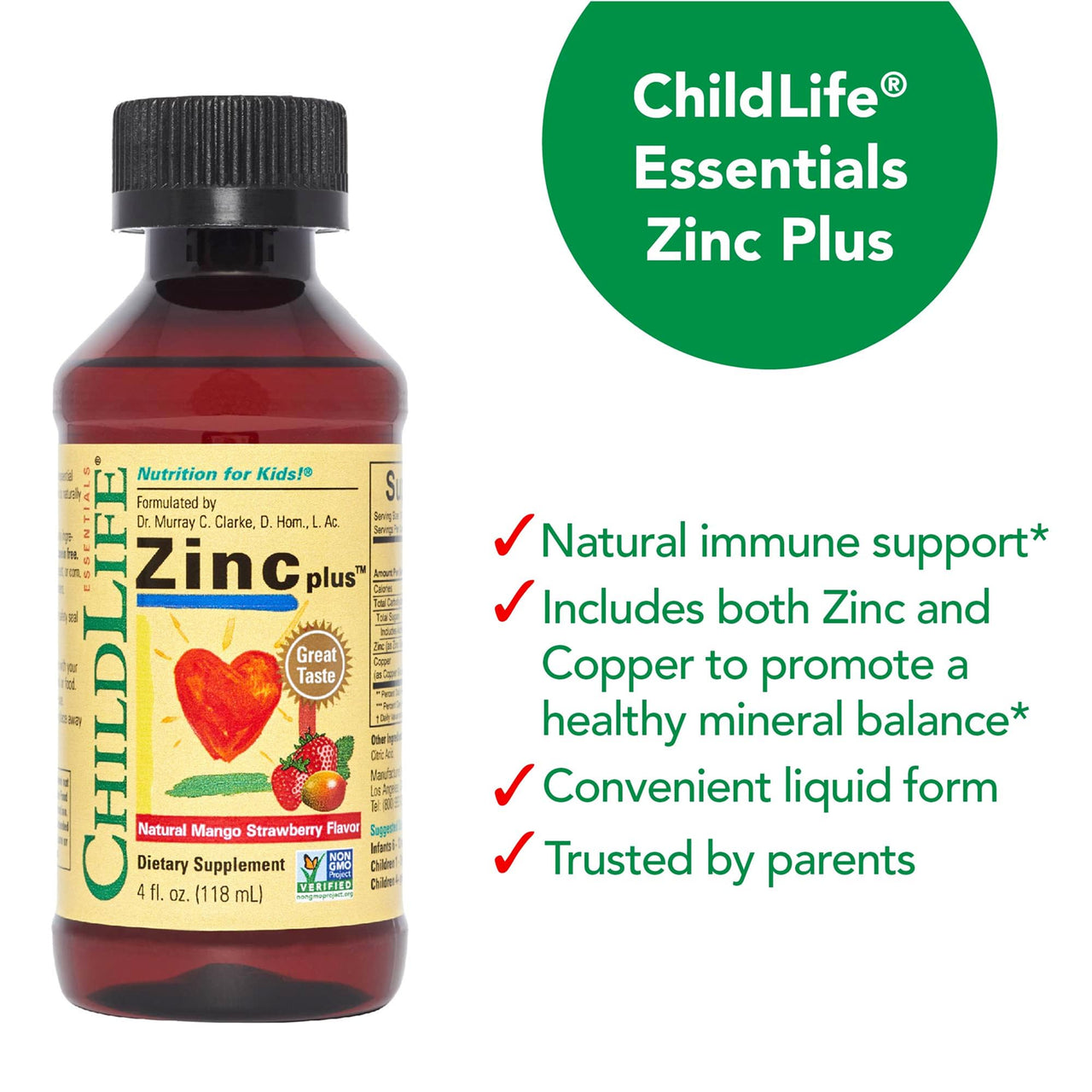 CHILDLIFE ESSENTIALS Liquid Zinc Plus for Kids & Toddler - Liquid Supplement Drops, Zinc Gluconate & Copper for Immune Support - Mango Strawberry, 4 Fl Oz (Pack of 1)