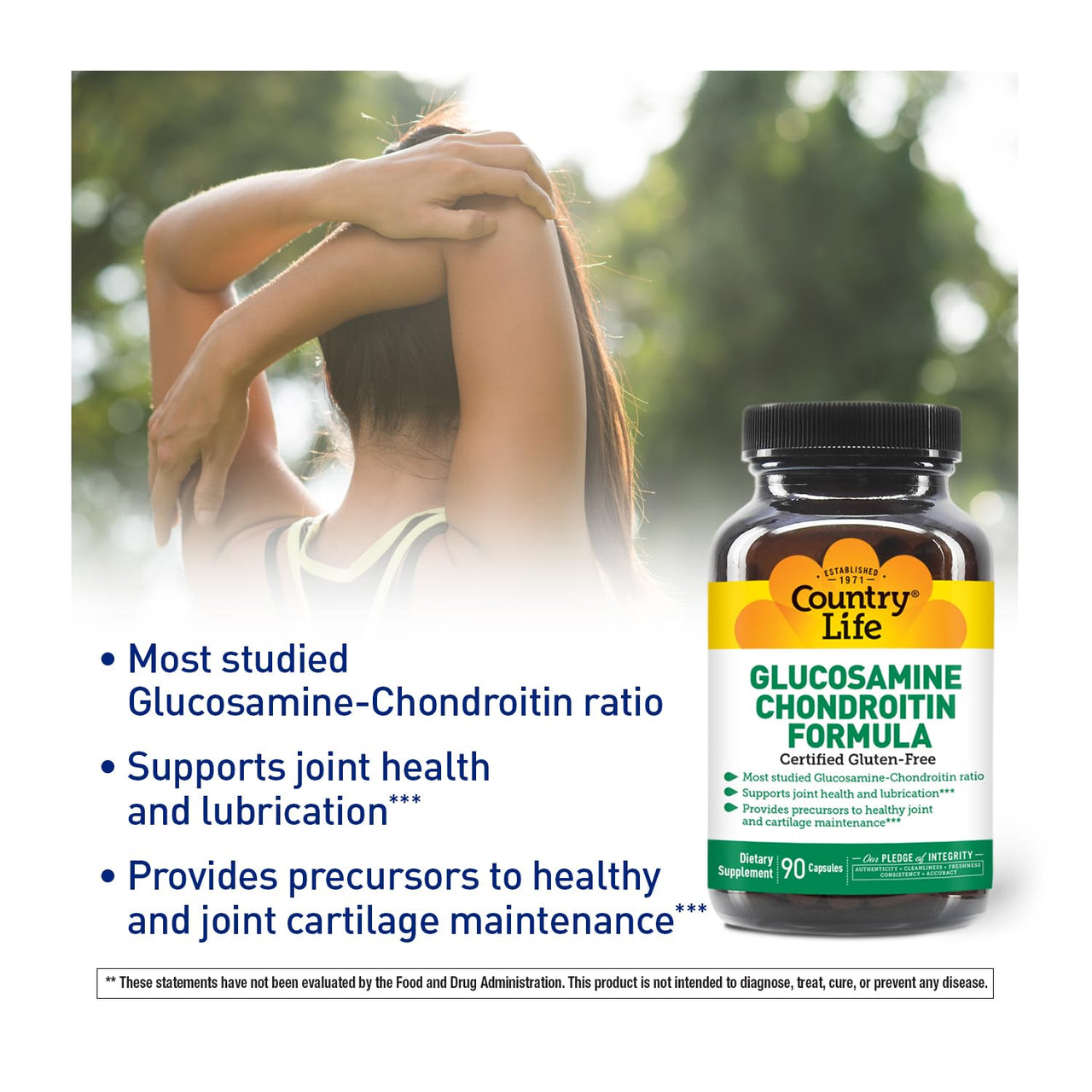 Country Life Glucosamine Chondroitin 1500mg/1200mg - Supports Joint Health & Lubrication - Maintains Healthy Cartilage, Tendon, Joint Tissue - Gluten Free, Non-GMO - 90 Capsules - For Adults