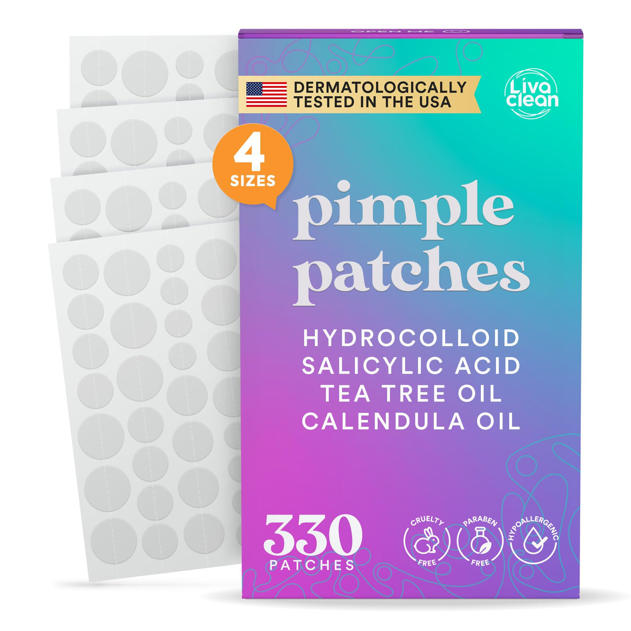 LivaClean 330 CT Pimple Patches for Face w/Salicylic Acid, Tea Tree Oil & Calendula Oil - Four Sizes - Pimple Patch, Hydrocolloid Patch, Acne Patches for Face