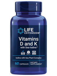 Thumbnail for Life Extension Vitamins D and K with Sea-Iodine, vitamin D3, vitamin K1 and K2, iodine, supports immune, bone, arterial and thyroid health, non-GMO, gluten-free, 60 capsules
