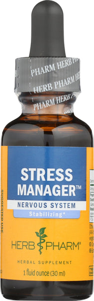 Herb Pharm Stress Manager: Adaptogenic Stress Support Tincture, Rhodiola Rosea, Holy Basil Extract, Reishi Mushroom Extract, Adrenal Function Support, Vegan, Non-GMO, 1 Oz - Packaging May Vary