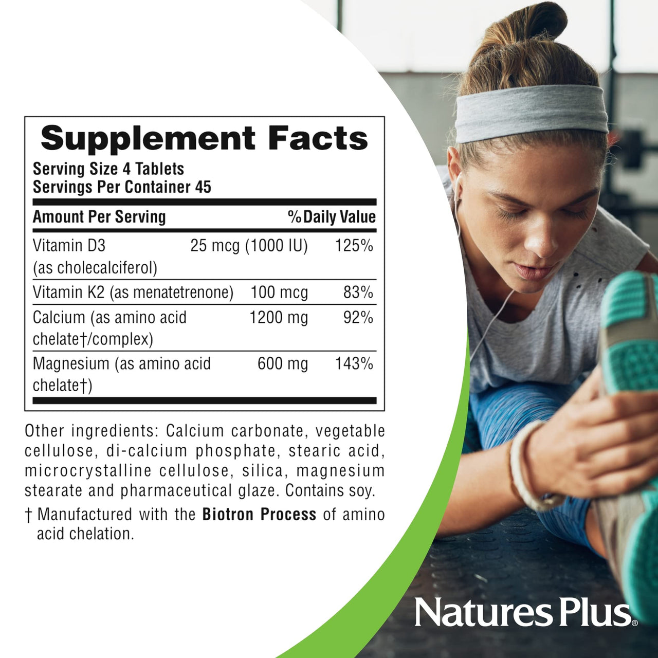 NaturesPlus Calcium/Magnesium/Vitamin D3 with Vitamin K2 - Supports Bone & Immune Health - Vegetarian, Gluten Free - 180 Tablets - 45 Servings