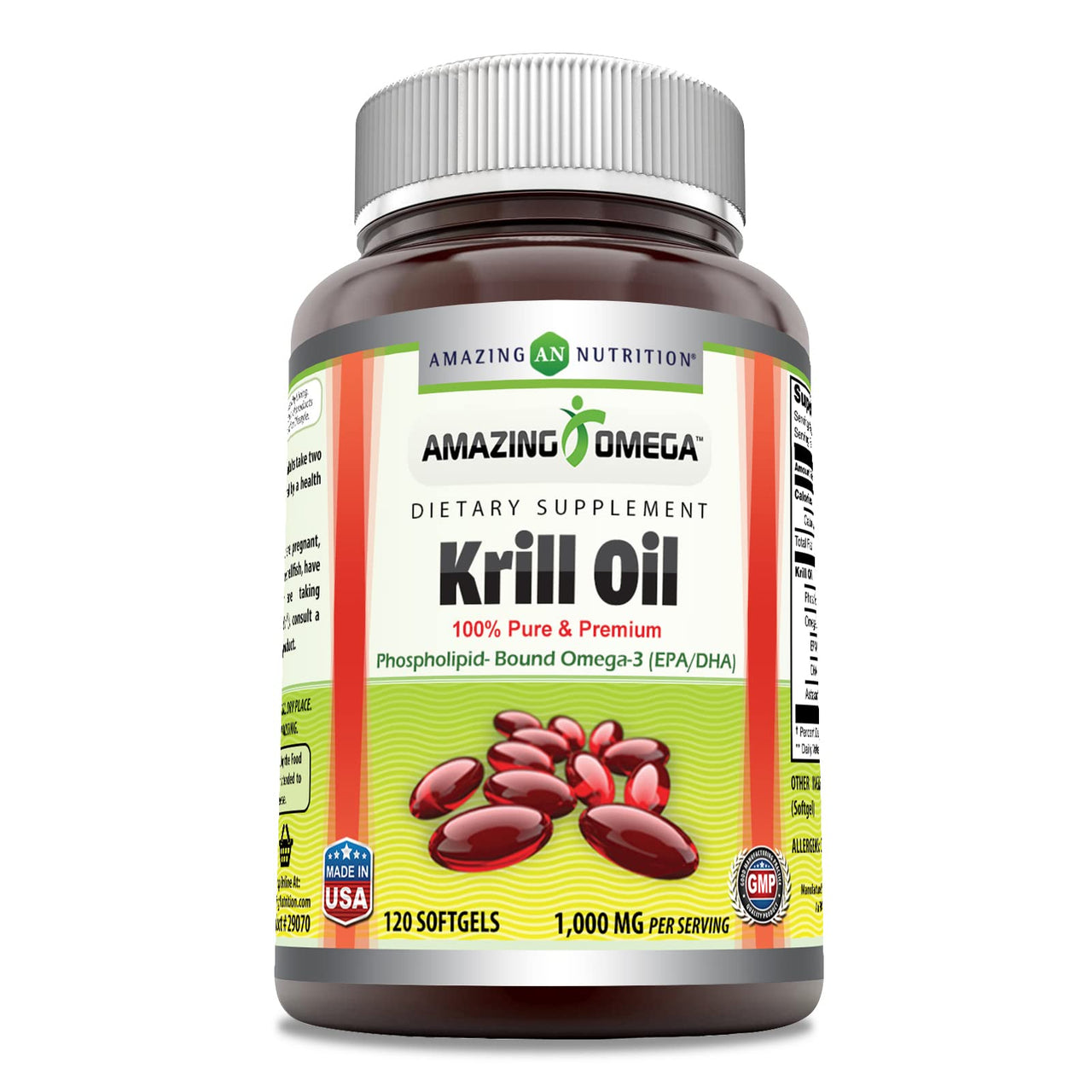 Amazing Omega Krill Oil with Omega 3s EPA, DHA, Phospholipids and Astaxanthin 1000 Mg per Serving 120 softgels Supplement | Non-GMO | Gluten Free