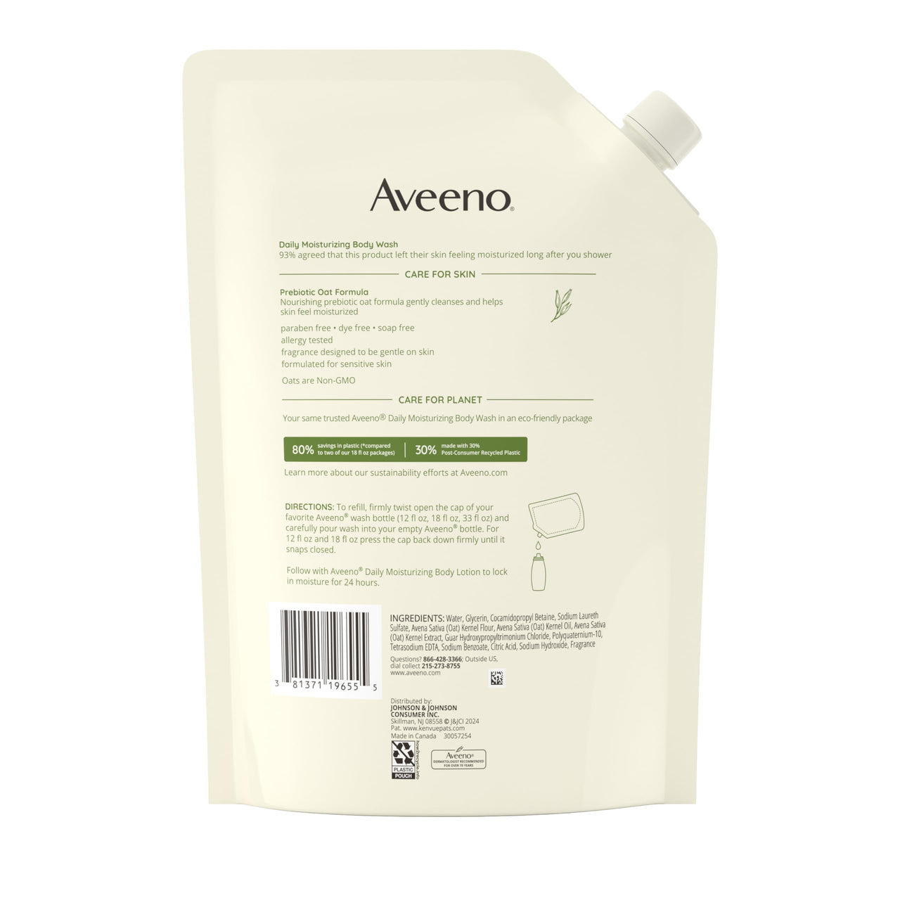 Aveeno Daily Moisturizing Body Wash for Sensitive Skin + Prebiotic Oat, Gently Cleanses, Nourishes & Feels Moisturizing Dry Skin, Light Fragrance, Refill Pouch, 36 fl. oz