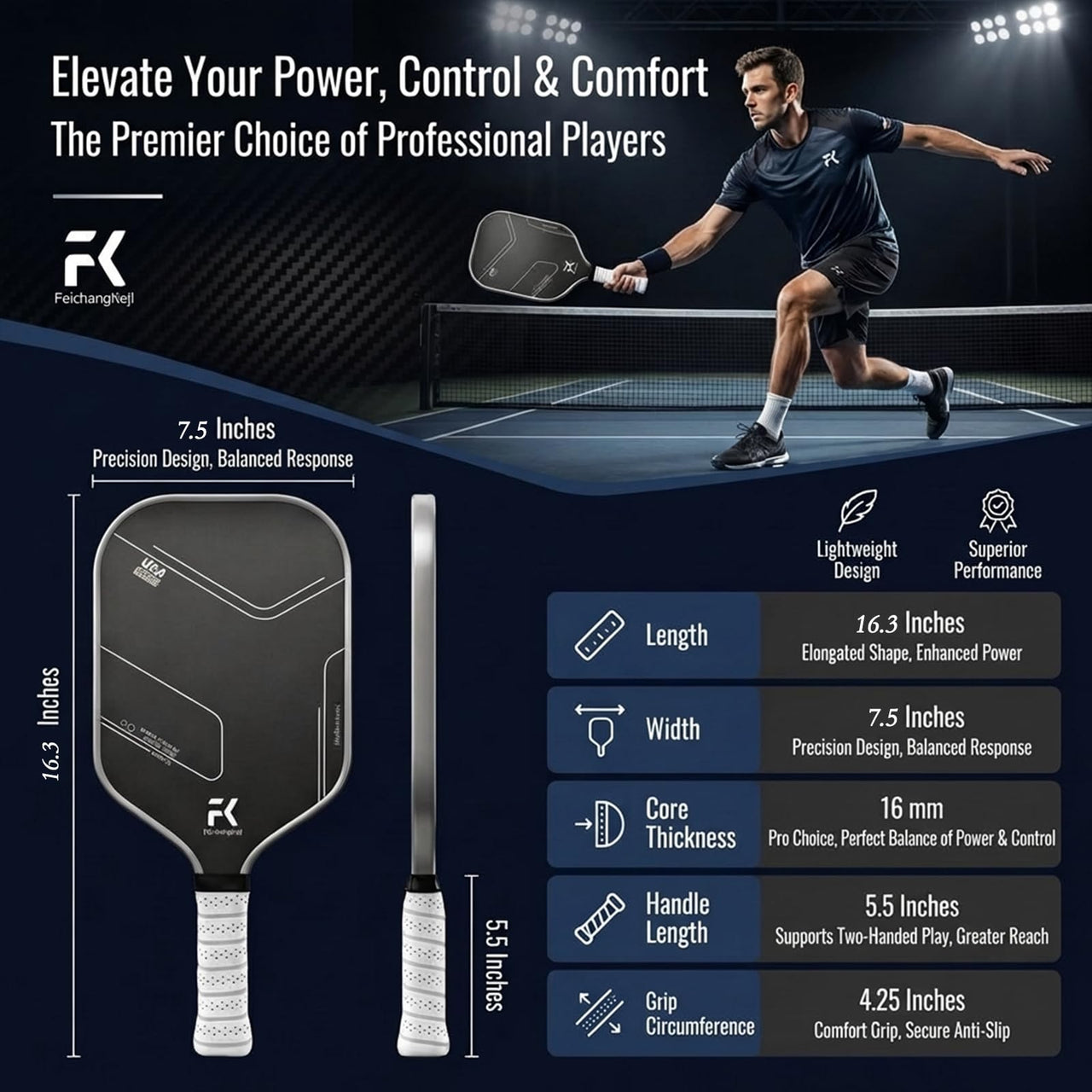 FeichangKeji Pickleball Paddles Set of 2 T700 & 16mm Carbon Fiber Pickleball Paddles with CMS Matte Surface Lightweight Honeycomb Core & Durable Edge Guard Protector & Comfortable Grip