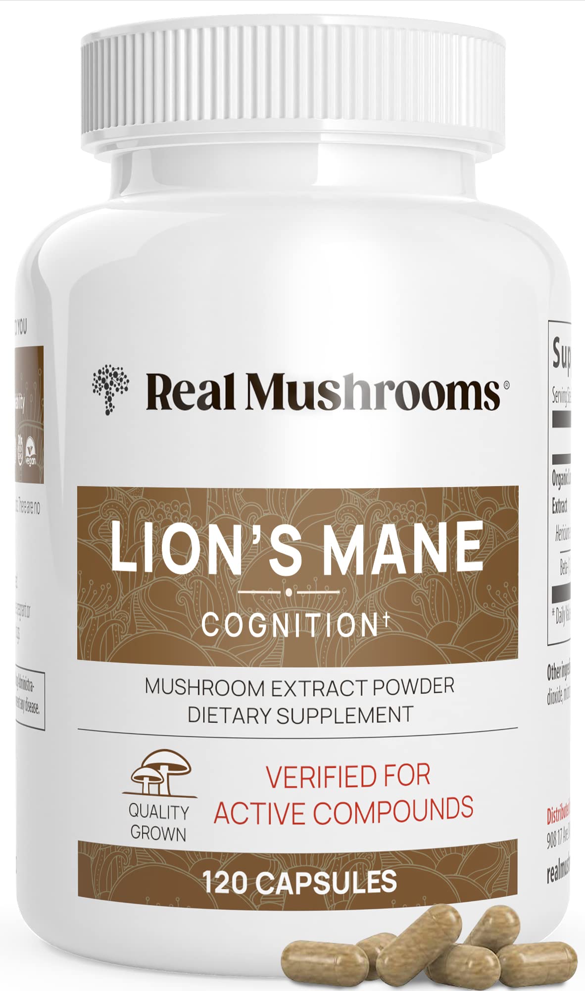 Real Mushrooms Lions Mane Mushroom Cognition (120 Capsules) Lions Mane Mushroom Powder Extract Capsules | Brain Supplement, Brain Vitamins, Focus Supplement